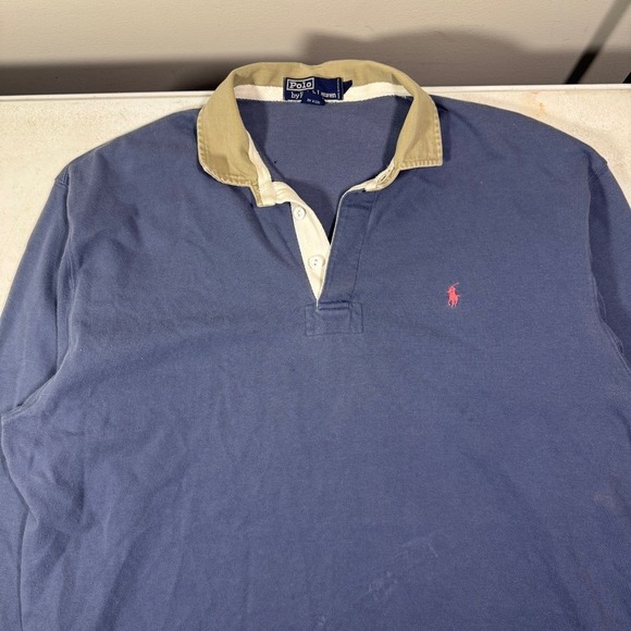 Polo Ralph Lauren Mens Large Blue Long Sleeve Rugby Shirt Vintage Pink Pony Logo - Picture 4 of 12